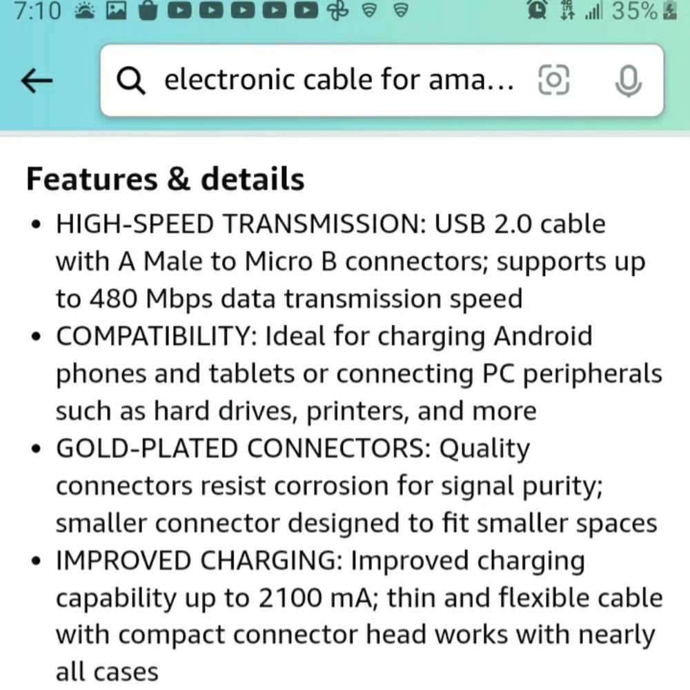 USB 2.0 A-Male to Micro B black charger cable 10 feet long. Android compatible.